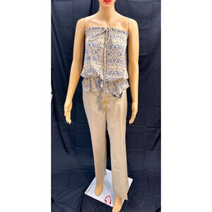 Set Beige Pants and printed strapless blouse, pants size 12 blouse size L.